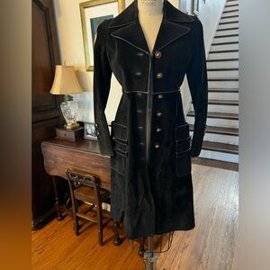 70s Vintage Gucci Black Suede Coat with Fox Sterling Silver Enameled Buttons